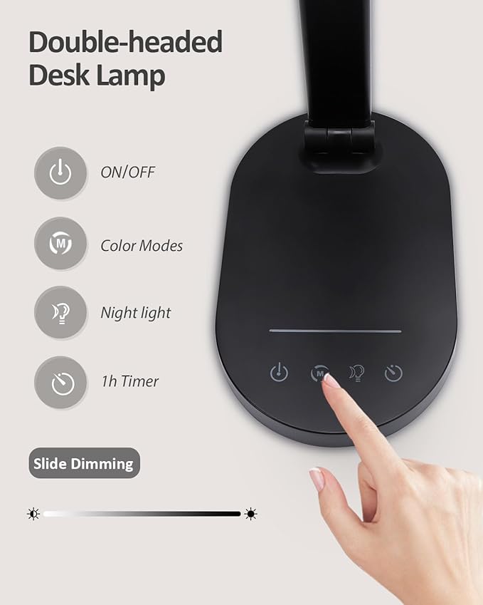 LED Desk Lamps for Home Office, 14W Bright Double Swing Arm LED Desk Lamp with USB Charging Port, Eye-Caring Task Lamp, Desktop Lamp with Night Light Table Read Light for Bedroom Work Study Craft