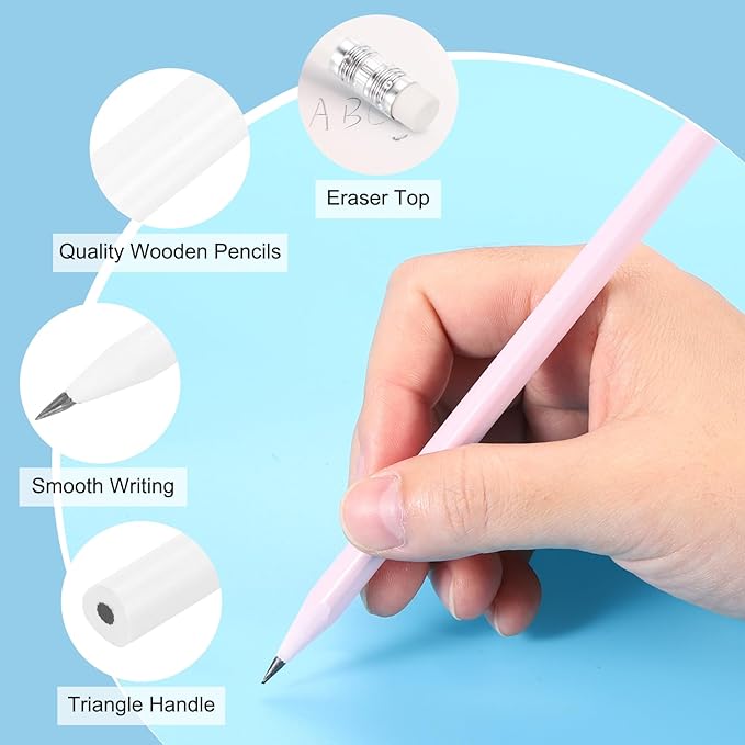 PATIKIL Round Pencils, 12 Pcs Triangle HB Graphite Pencil Wooden Pencils with Eraser for Classroom Office Writing Drawing Supplies, White