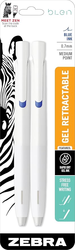 Zebra Pen bLen Gel Pens 0.7mm Medium Point Blue Ink 2-Pack, Smooth Fast-Drying Ink, Vibration-Free Writing Experience, Rubber Grip, Low-Profile Clip (41422)