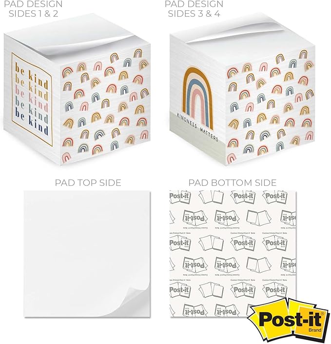 Be Kind Modern Rainbow Sticky Note Cube / 600 Sheets / 2.75" Memo Block Printed on 4 Sides/Different Boho Rainbow Design On Each Side/Made in The USA