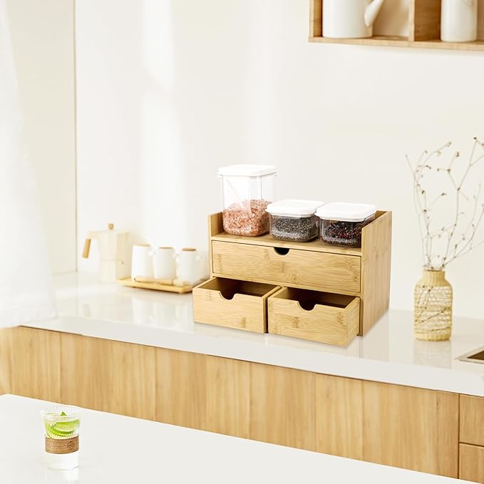 Bamboo Desk Organizer With Drawers Countertop Drawers 3 Drawers Counter Storage Box Corner Desk Organizer for Home Office No Assembly Required