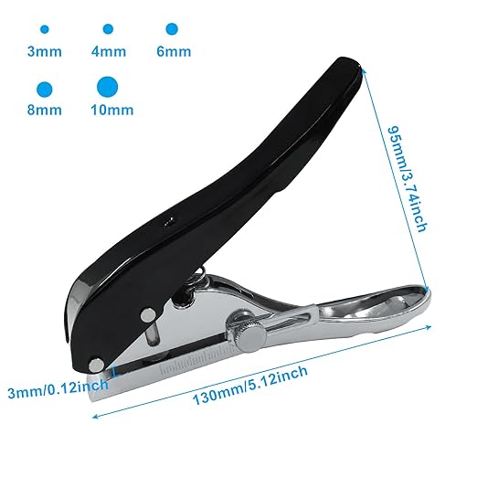 10 mm Single Hole Punch, Portable Hand Held Paper Hole Puncher, Black Long Hole Punch for Paper, Cards, Plastic