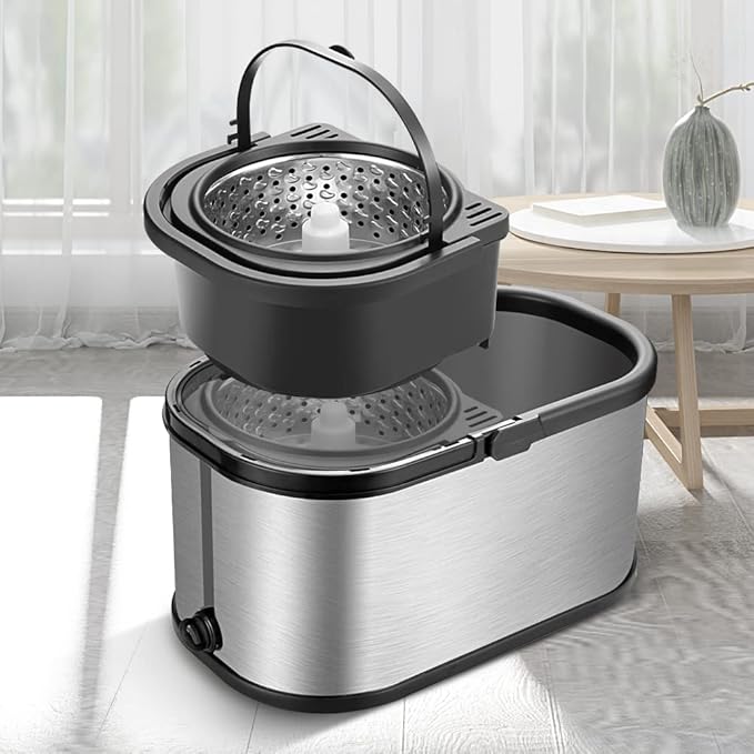Spin Mop Bucket System Stainless Steel Bucket and Mop Set with 6 Microfiber Replacement Head Refills, Floor Mop with 4 Wheel