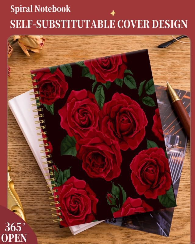 Spiral Journal Notebook for Women,A5 College Ruled Notebooks 6"x 8.4", 120 Pages (60 Sheets) Lined Journal with Premium Thick Paper,Perfect for School Office Home(Black Rose Floral)