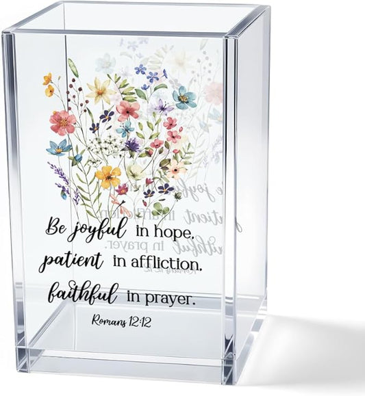 Be Joyful in Hope, Patient in Affliction Romans 12:12 Acrylic Cosmetic Pencil Pen Holder Cup, Christian Verse Pen Holder Cup, Christian Gifts for Women Boss Friend Teacher