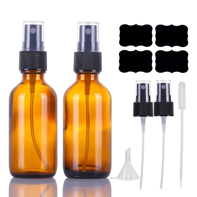 2oz Amber Glass Spray Bottles,Empty Small Perfume Travel Refillable Reusable Fine Mister Spray Bottle for Hair,Cleaning Solutions,Aromatherapy and Essential Oil with Extra Nozzle(2 Pack)