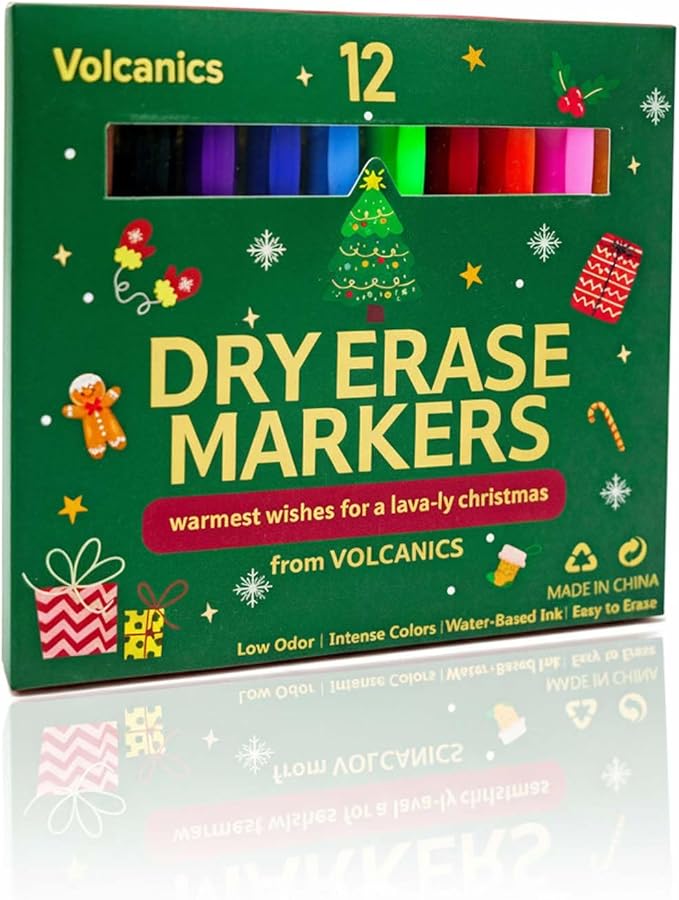 Volcanics Christmas Dry Erase Markers – Colored Whiteboard Markers with Giftable Holiday Packaging, 12 Pcs, Ideal Stocking Stuffer for Kids, Teachers & Families