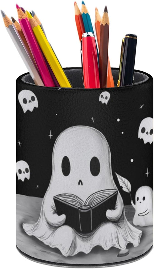 Cute Ghosts Pen Holder Pencil Organizer Cute Pencil Cup Desk Decor Makeup Brush Holder PU Multifunctional Office Suppliesfor Home Classroom School