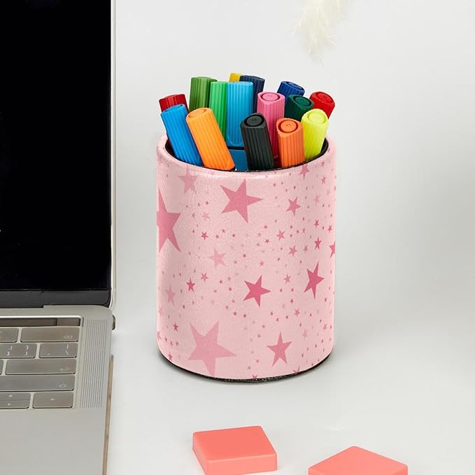 Pen Holder Pencil Holder for desk, Round Desktop Organizer Star Pink Pencil Cup for Office, School, Home and Stationary Supplies
