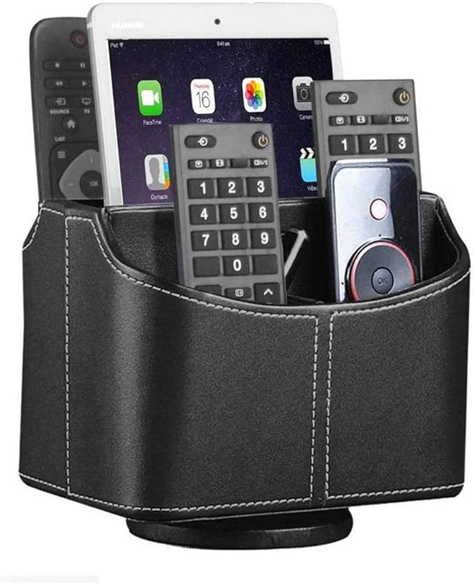 YAPISHI Leather Remote Control Holder, 360 Degree Spinning Desk TV Remote Caddy/Box,Bedside Table Organizer for Controller, Media, Mail, Calculator, Mobile Phone and Pen Storage