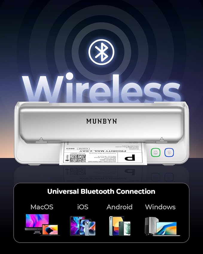 MUNBYN Replaceable Print-Head Bluetooth Thermal Label Printer with Paper Holder, RW405B, Wireless 4x6 Shipping Label Printer for Small Businesses Compatible with Mac, Windows, iPhone, Android, Chrome