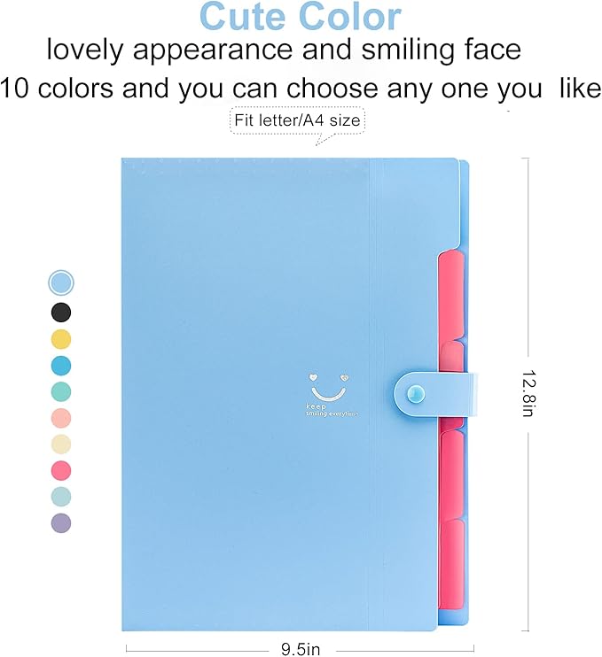 Forvencer Accordion File Organizer, Letter Size, 5 Pocket Expanding File Folder, Cute File Folder with Labels, Portable File Organizer for School Office Supplies, Folders for Documents, Blue