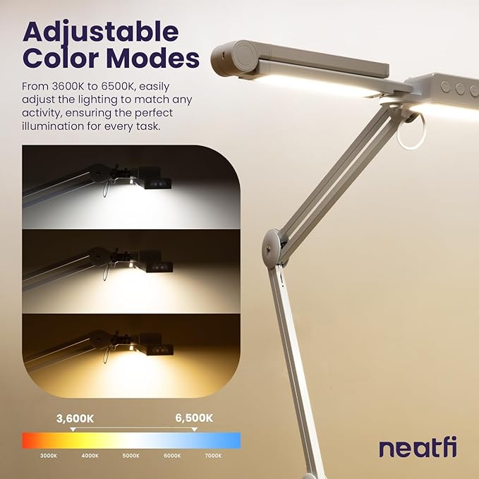 Neatfi (New Model) 3,000 Lumens LED Desk Lamp, Dimmable, 360 SMD LEDs, 30W, CRI 95, Adjustable Light Modes, Task Lamps for Home Office, Study Lamp, Desk Light Bar (CCT with Clamp, White, 44 Inches)