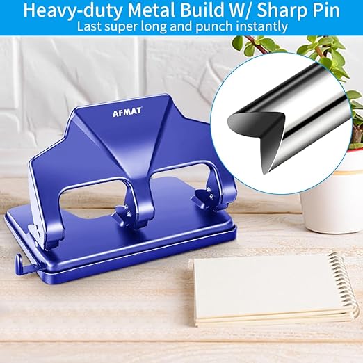 AFMAT HP15 Heavy Duty 3 Hole Punch, 40-Sheet Paper Punch, 50% Reduced Effort 3-Hole Punch, Metal Hole Puncher 3 Ring, Three-Hole Paper Puncher w/Large Chip Tray for Classroom, Office, Blue