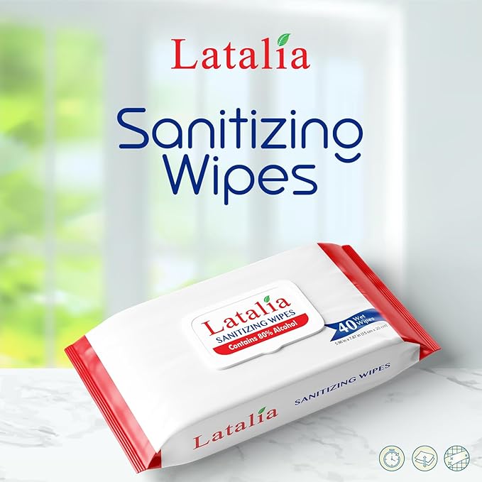 Latalia Hand Wipes Pack of 20 | 80% Alcohol Hand Sanitizer Wipes for Hands & Face Moisturizing, Gentle, Convenient and Fragrance Free (40 Counts)