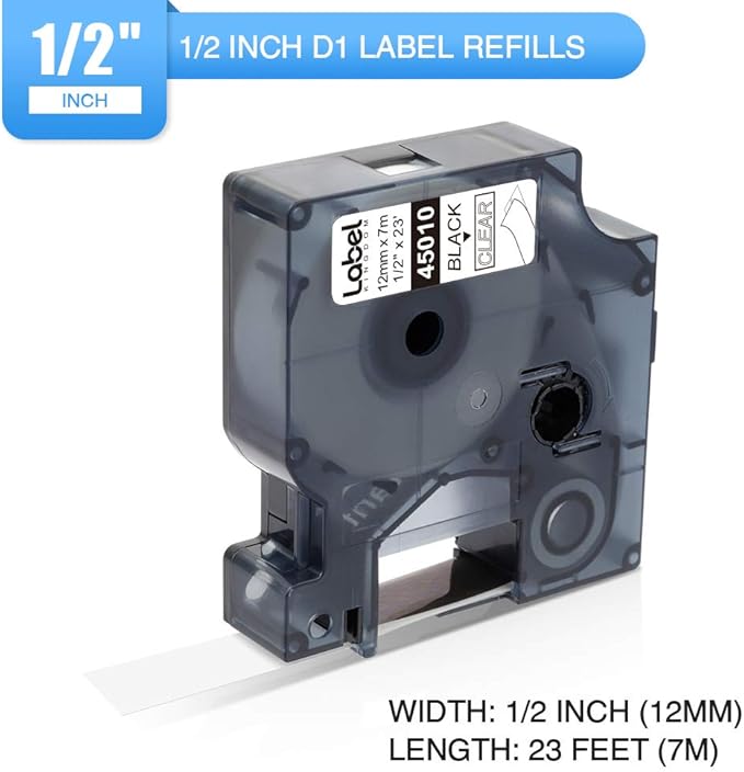 Label KINGDOM Clear Tape Compatible with Dymo D1 Black on Clear 45010 Refill, 1/2 Inch W x 23 Feet L, S0720500 Standard Label Maker Tape for LabelManager PnP 260P 210D 280 420 160 450D