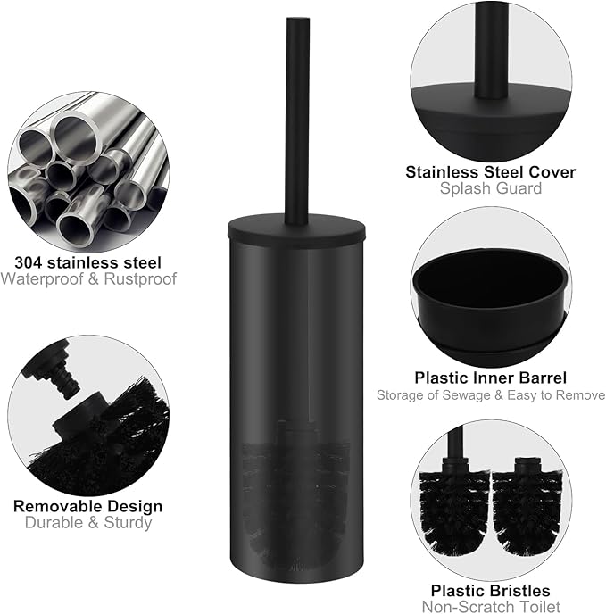 Toilet Brush and Holder Set - Stainless Steel Toilet Bowl Brush and Holder, Toilet Bowl Cleaner Brush for Bathroom (Black)