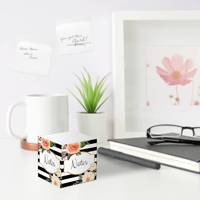 Black and White Floral Sticky Note Cube / 2.75" Memo Block Printed On 4 Sides/Modern Floral Stripe Design/Made in The USA