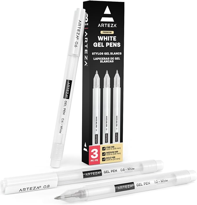 ARTEZA White Gel Pens, Pack of 3, White Rollerball Pens for Artists, Ideal for Drawing and Writing
