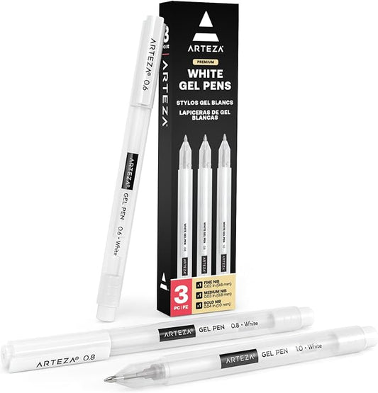 ARTEZA White Gel Pens, Pack of 3, White Rollerball Pens for Artists, Ideal for Drawing and Writing
