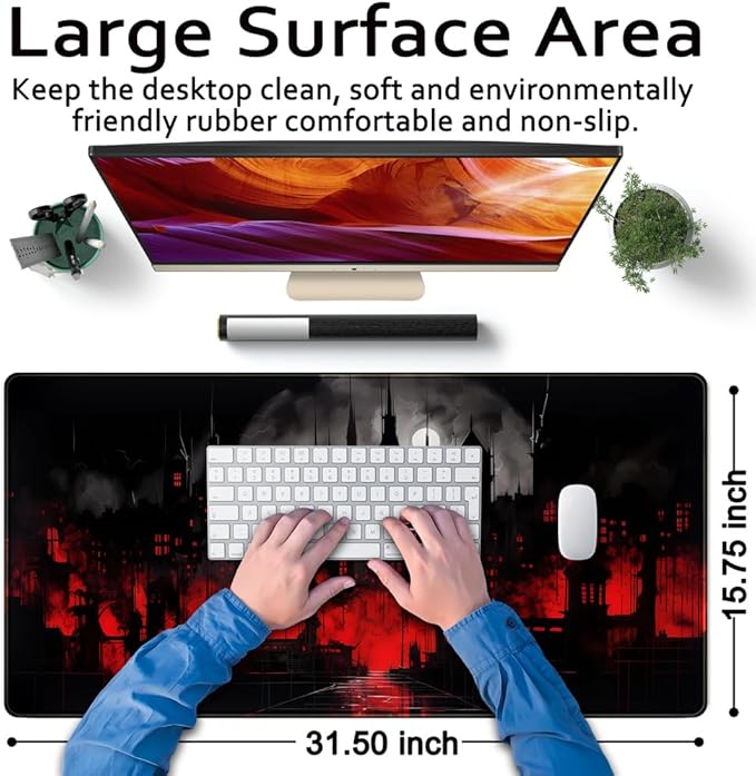 Black Castle Large Mouse Pad Red and Black Mousepad Gaming Playmat Game Mat, Big Full Keyboard and Mouse Pads Cool Desk Pad for Keyboard with Stitched Edges Anti-Slip Desk mat 31.5" X 15.7 "