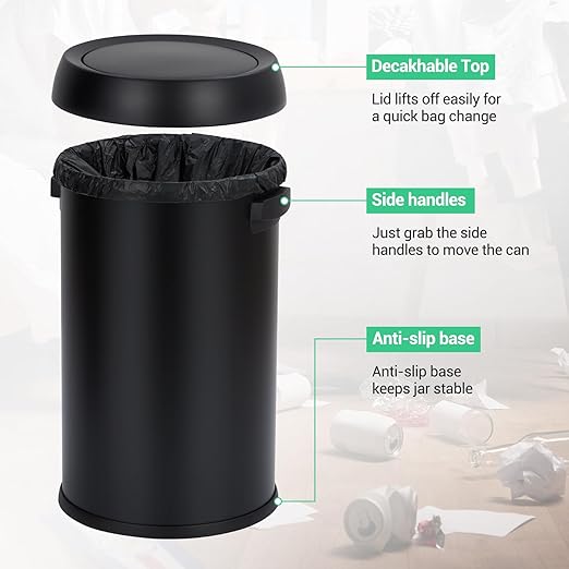Garvee 17 Gallon/65 Liter Trash Can, Fingerprint-Proof Stainless Steel Swing Top Garbage Can, Heavy Duty Commercial Round Trash Bin with Swing Lid for Restaurant, Home, Office, Black