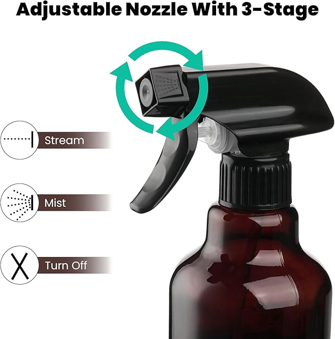 Glass Amber Spray Bottles with Silicone Sleeve, 2 Pack 16.9oz Refillable Containers with Adjustable Spray Nozzles, Empty Spray Bottle for Cleaning Solutions, Hair, Plants, Essential Oils (Black+Grey)