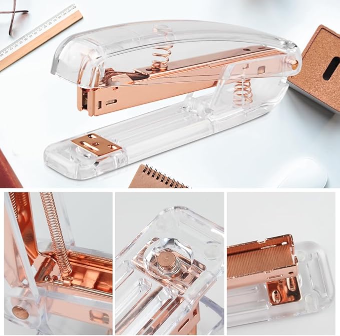 Staplers for Desk, Acrylic Stapler for Office School, Clear Durable Office Stapler (Rose Gold)