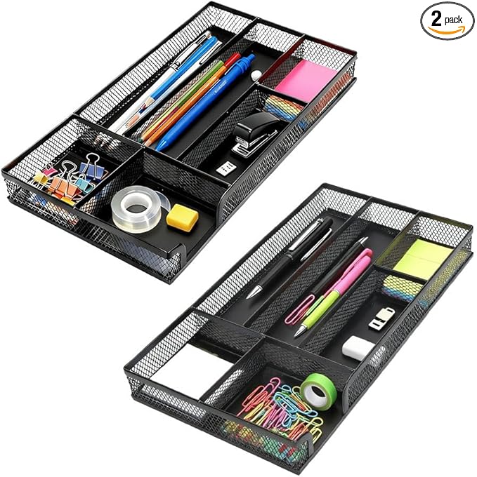 2 Pack Desk Drawer Organizer, Small Metal Mesh Desk Organizer Tray, Pen Pencil Drawer Organizer for Office Supplies, Desktop, Makeup, Vanity