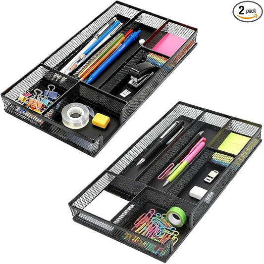 2 Pack Desk Drawer Organizer, Small Metal Mesh Desk Organizer Tray, Pen Pencil Drawer Organizer for Office Supplies, Desktop, Makeup, Vanity