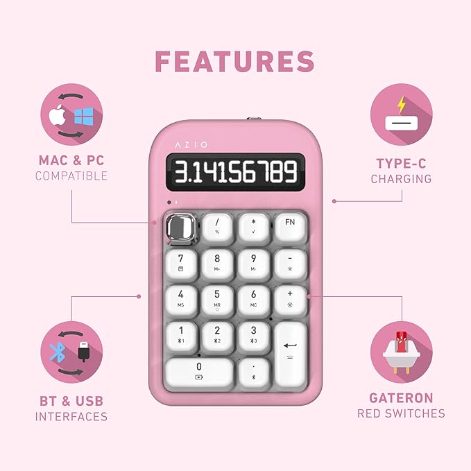 AZIO IZO Wireless Mechanical Calculator & Number Pad (Pink/Silver) - Bluetooth 5.0 & USB, Gateron-Red Mechanical Switch, 9 Backlight Modes, Rechargeable, PC & Mac Compatible, Pink Blossom (IN408)