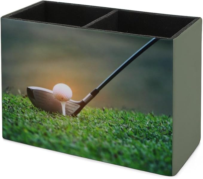 Pen Holder, Pencil Holder for Desk Organizer, Golf Theme Sport Ball PU Leather Pencil Cups Desktop Stationery Storage Makeup Brush Holder Pen Organizer for Office Home