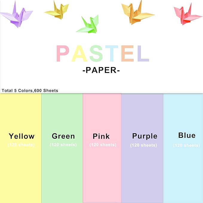 600 Sheets Colored Paper 8.5 X 11 - Color Printer Copy Paper 22lb/80gsm Double Sided Origami for DIY Art Craft,5 Pastel Colors