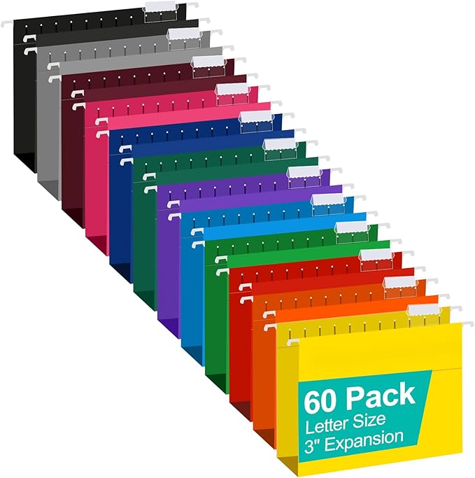 HERKKA Extra Capacity Hanging File Folders, 60 Pack Reinforced Letter Size Hanging Folders with Heavy Duty 3 Inch Expansion, Designed for Bulky Files, Medical Charts, 12 Assorted Colors