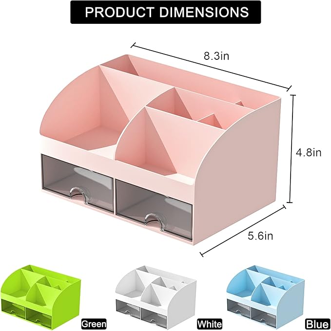 Desk Organizer with 6 Compartments and 2 Drawers, Plastic Makeup Organizer, Pen Holder for Desktop Storage, Desk Organization for School, Home, Office Supplies (Pink)