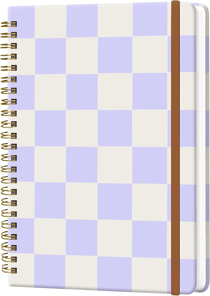 Spiral Journal Notebook for Women, Hardcover A5 College Ruled Notebook, 60 Sheet, Thick Paper, Cute Lined Journal for School, Office & Work, 6 x 8.4 in(Pastel Purple Checkered)