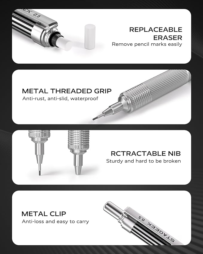 0.5mm Mechanical Pencil with Metal Gift Case, 1PCs Metal Mechanical Pencil with 120PCS HB Lead Refills,4B Erasers and 9PCS Eraser Refills, for Writing Drafting Drawing and Sketching(Silver)