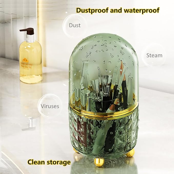 360° Rotating Pencil Holder for Desk, Makeup Brush Holder with 6 Slots, Desk Organizer for Writing Utensil, Office and School Supplies (Green with cover)