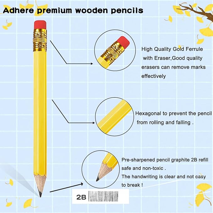 Adhere 25pcs Golf Pencils with eraser Hexagon Wooden Pencils Graphite 2B for Golf Event Scoring,Classroom,Wedding,Company Meetings,Pew, Pocket (Yellow1)