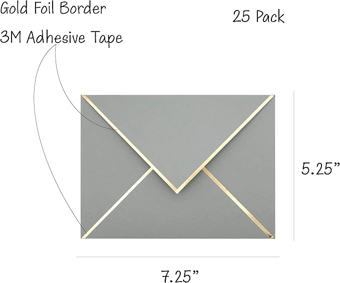 A7 Envelopes - V Flap Foil Border Luxury Mailing Envelopes for 5" x 7" Cards - for Wedding, Invitations, Baby Shower, Photos, Graduation, Birthday, Bridal Shower - 5.25" x 7.25" (Grey, 25 Pack)