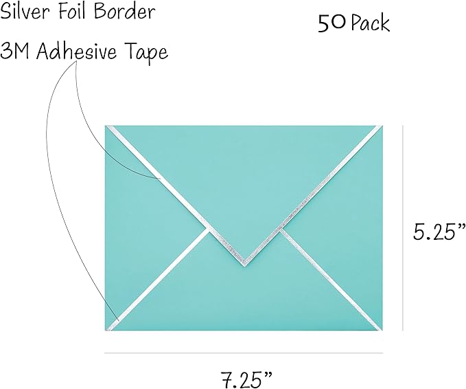 A7 Envelopes - V Flap Foil Border Luxury Mailing Envelopes for 5" x 7" Cards - for Wedding, Invitations, Baby Shower, Photos, Graduation, Birthday, Bridal Shower - 5.25" x 7.25" (Teal, 50 Pack)