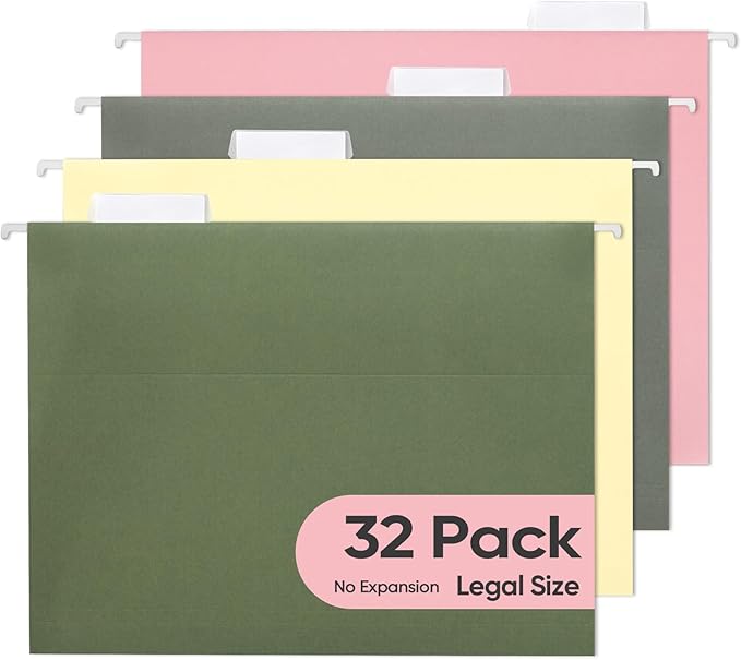 BALEINE 32PK Hanging File Folders, Legal Size Hanging Folders with 1/5-Cut Tabs for Filing Cabinets, File Boxes (32PK, Legal Size)