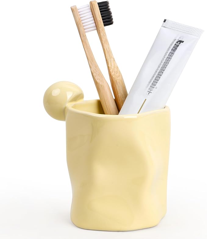 Ceramic Pen Holder for Desk, Pencil Holder Stand, Pencil Cup Pot, Irregular Shape Desktop Organizer for Office, Home, School - Yellow