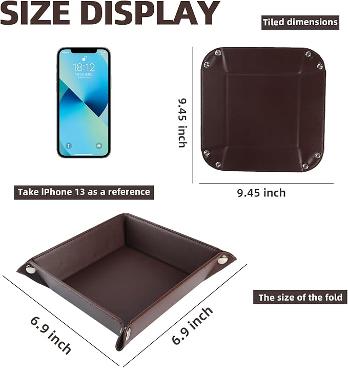 Leather Valet Tray for Men and Women - Jewelry Tray Nightstand Organizer - Bedside Vanity Tray - Dresser Catchall Tray - Desk Organizer and Storage for Keys, Phone, Wallet, Coin(Square)