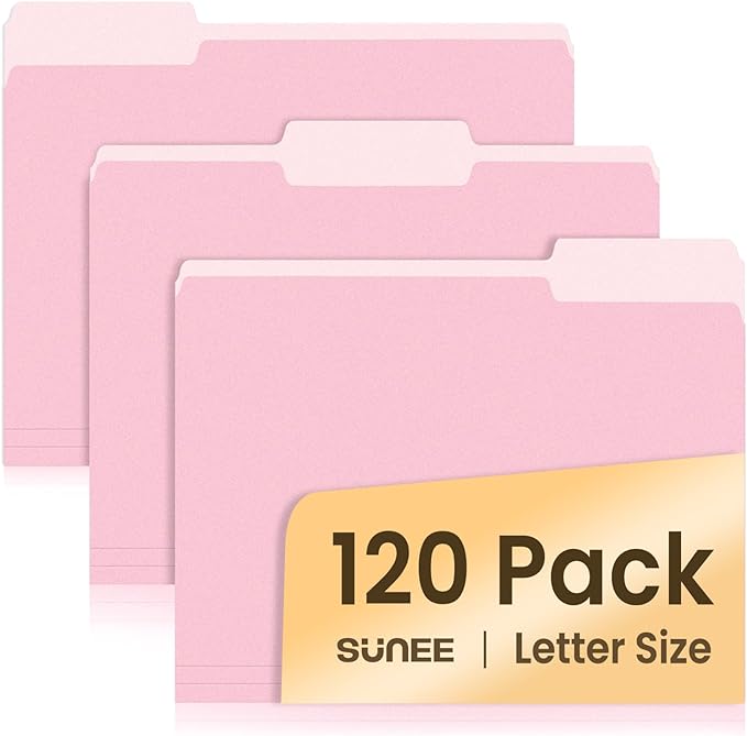SUNEE File Folders, 120 Pack Manilla Folders 8.5 x 11, Colored File Folders Home Office School Supplies for Documents Files Paper, Pink