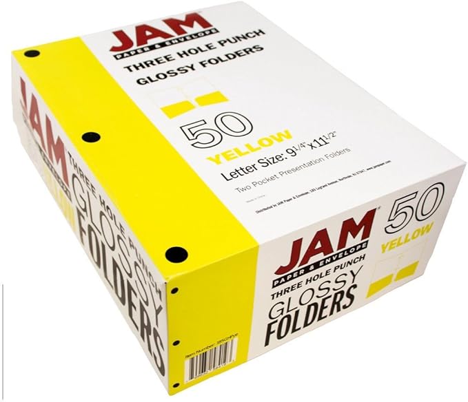 JAM PAPER Laminated Two Pocket Glossy 3 Hole Punch School Folders - Letter Size - High Gloss Yellow - Bulk 50/Box