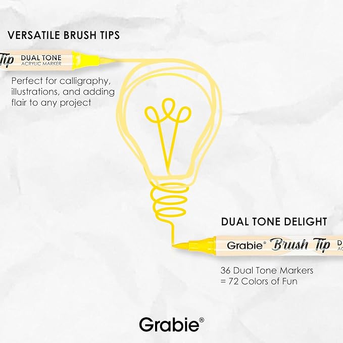 Grabie 72 Colors Acrylic Paint Markers, Soft Brush Tip Acrylic Markers Set, Water Based Acrylic Markers for Wood, Fabric, Canvas, Glass, Stone, Rock Painting and DIY Crafts Art Supplies, Set of 36