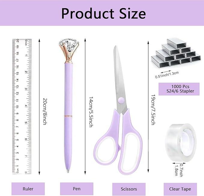 Office Supplies,Desk Accessories,Tape Holder,Stapler,Scissor,Staple Remover,Box of Binder Clips,Staples,Ballpoint Pen,Sticky Notes,Clear Tape,Ruler,Office Supplies Set Purple