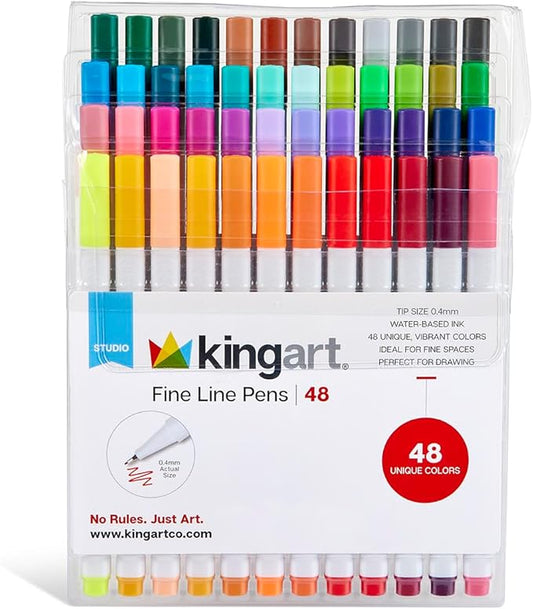KINGART Studio Fine Line Pens, 48 Colors Set, 0.4mm Ultra Fine Tip for Drawing, Sketching, Journaling, Adult Coloring, & Art Projects, Water-Based Ink, Non-Bleeding.