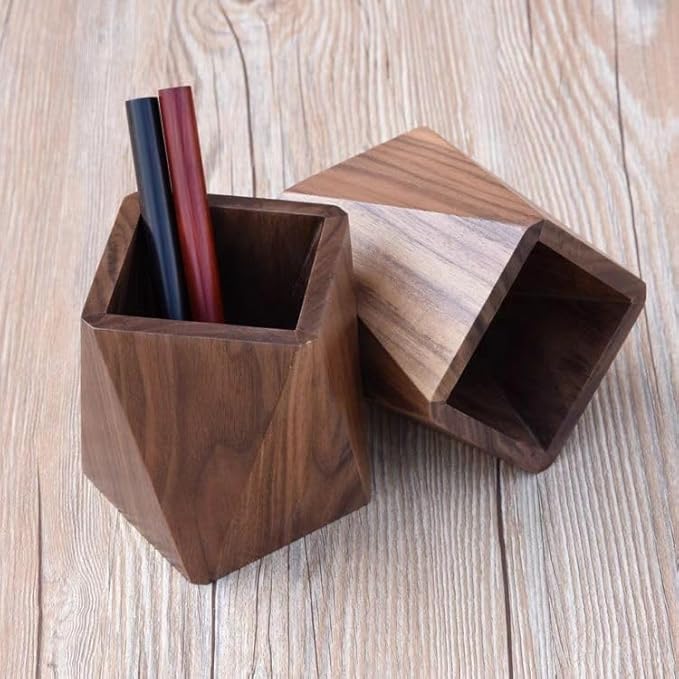 Wooden Pen Holder for Desk, Multi-Functional Pen Cup Pencil Holder for Office School Supplies Storage, Black Walnut Desk Organizer and Accessories（Prismatic）
